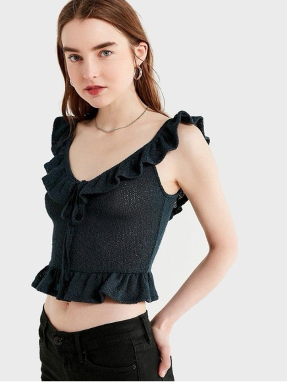 Urban Outfitters Ruffle Knit Crop Top Medium Dark Teal Green Boho Bow Keyhole